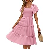 LILLUSORY Women's Summer Casual Flutter Sleeve Square Neck Smocked Midi Dress