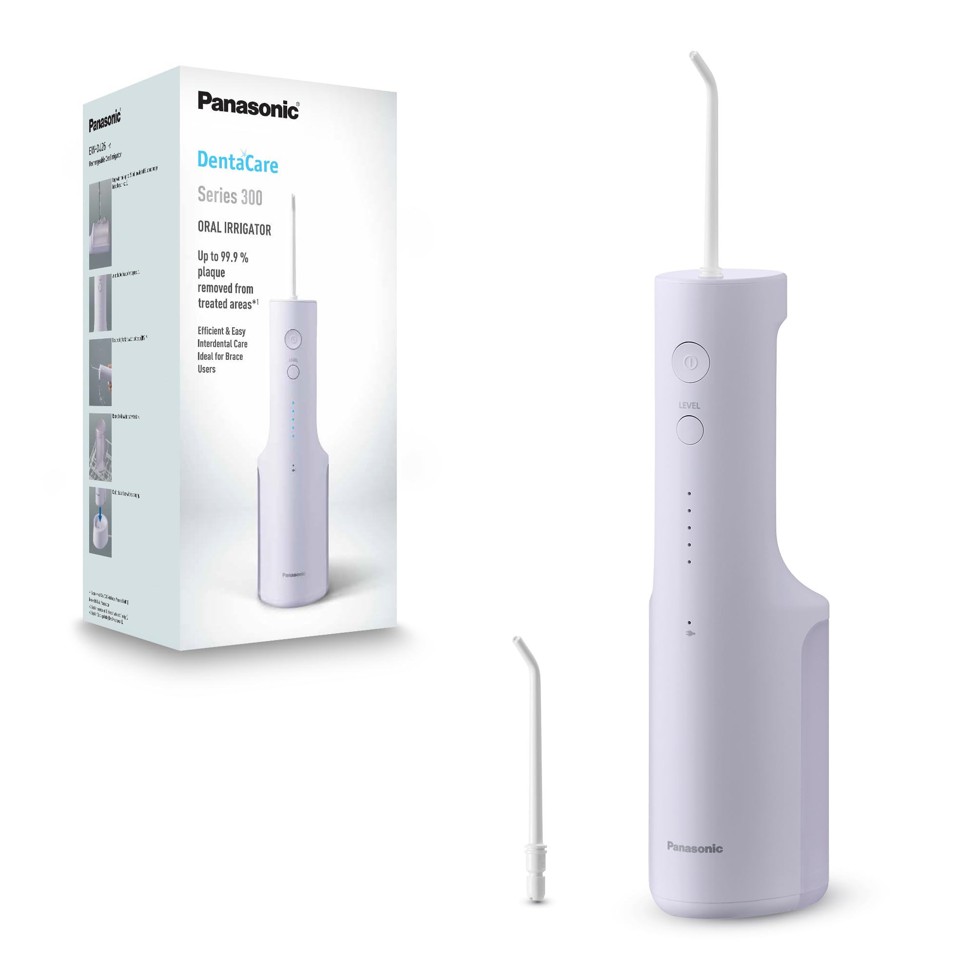 Panasonic Series 300 Water Flosser for Teeth, Cordless EW-DJ26-V311, 99.9% Plaque Remover, 200ml, IPX7, 2 Regular Nozzles, 5 Pressure Settings, Oral Irrigator for Home & Travel, Purple