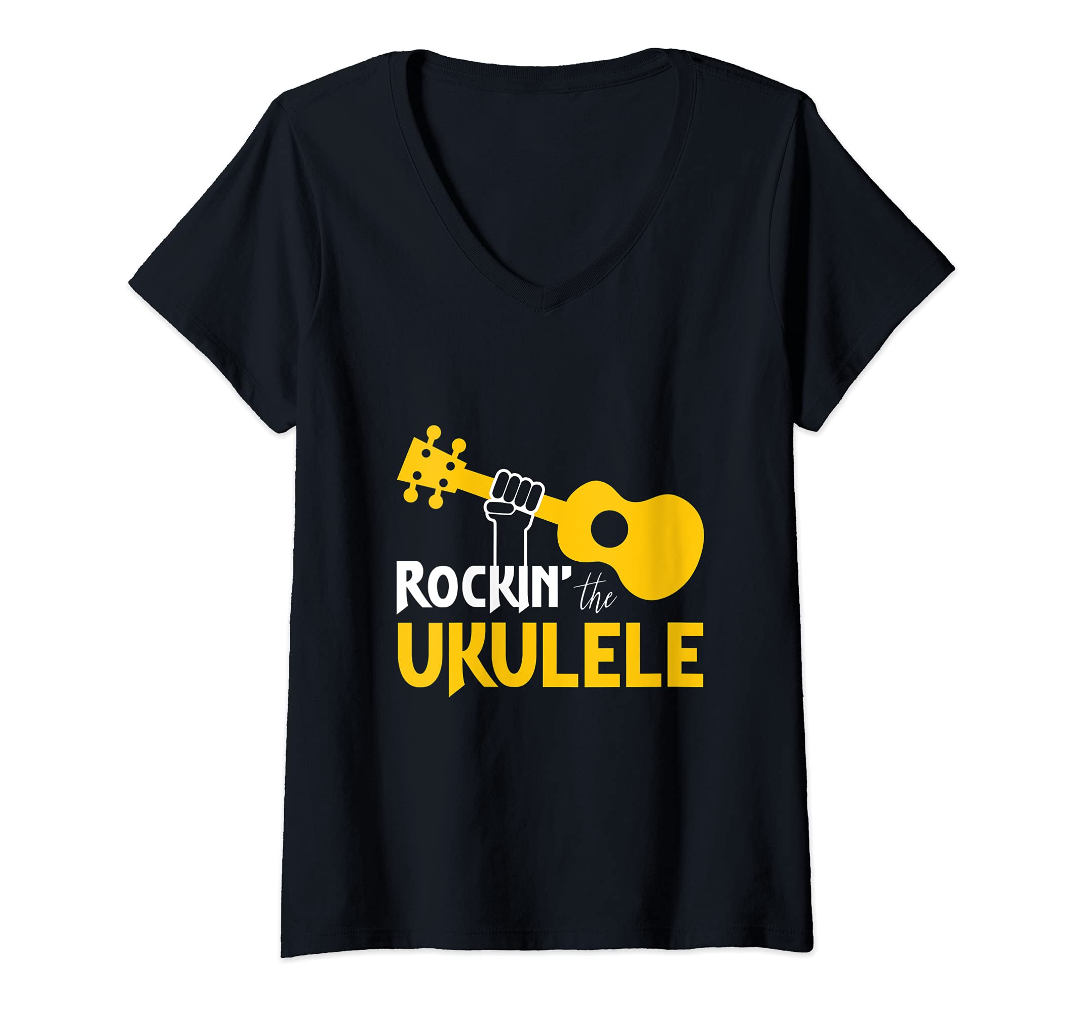 Womens Rocking The Ukulele Guitar Acoustic Hawaiian Uke Musician V-Neck T-Shirt