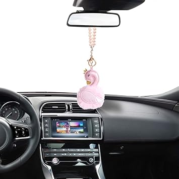 Mini Factory Car Mirror Hanging Accessories Rear View Mirror Hanging Decoration Cute Fluffy Flamingo With Pearl Chain Pink Amazon In Car Motorbike