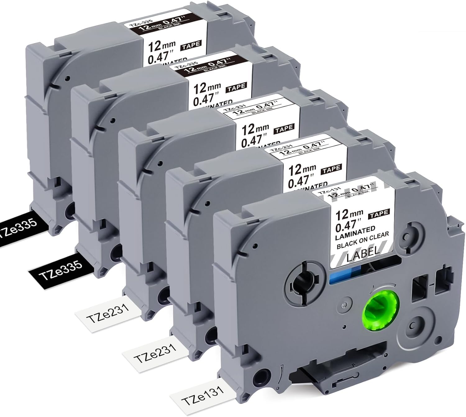 BEYONDTEK Compatible Brother P-Touch Label Printer Tape 12mm TZe-231 White TZe-131 Clear TZe-335 Black Label Maker Tape Replacement for Brother PT-H110 PT-E110 PT-H101C Label Maker, 5 Pack