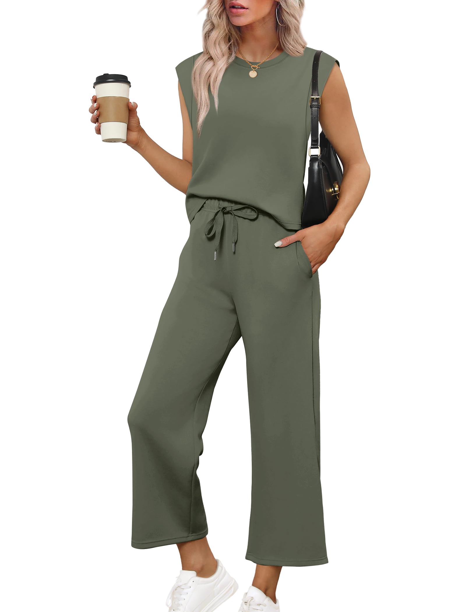 Photo 1 of SAMPEEL Womens Sets 2 Piece Outfits Travel Summer Clothes Cozy Lounge Sets Matching Sets Women Clothing Airport Outfits Wide Leg Crop Pants Sets Green M