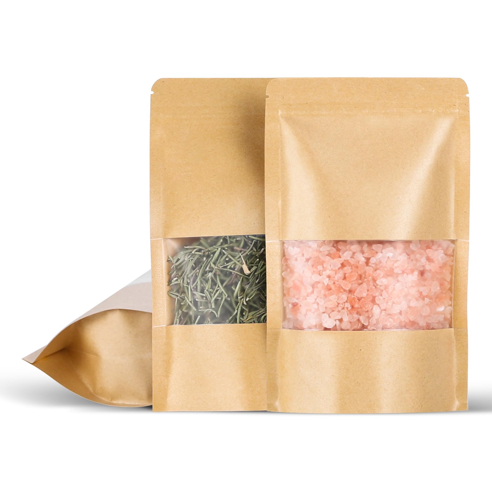 Photo 1 of 100 Pcs 5x8 Inch Kraft Paper Bags with Transparent Window, Stand Up Pouches,Smell Proof Bags,Resealable Bags for Small Business, Zipper Food Storage,for Packaging Snacks Cookies Candy