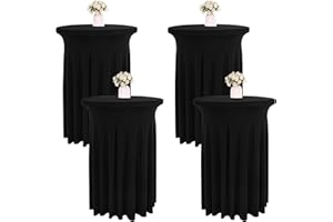 JALANCY 4 Packs 32 x 43 Inch Spandex Round Cocktail Table Skirts Spandex Cocktail Table Covers with Wavy Drapes Stretch Cocktail Tablecloth Fitted High Top Tables for Wedding Bar Party Banquet (Black)
