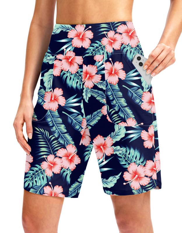 Photo 1 of Viodia Women's 9" Long Swim Board Shorts with Pockets High Waisted Beach Swimsuits Knee Length Short for Women with Liner Navy Flower