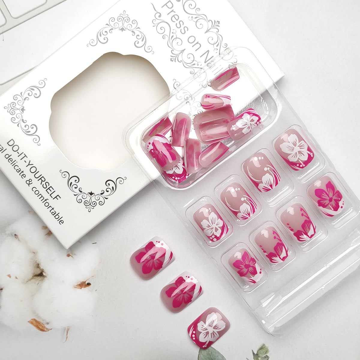 24Pcs Pink Flower Press on Nails Short Square Fake Nail Pink White French Tip Full Cover Glue on Nails Spring Summer White Flower False Nails Glossy Acrylic Nails for Women Girls Manicure Decoration - Image 3