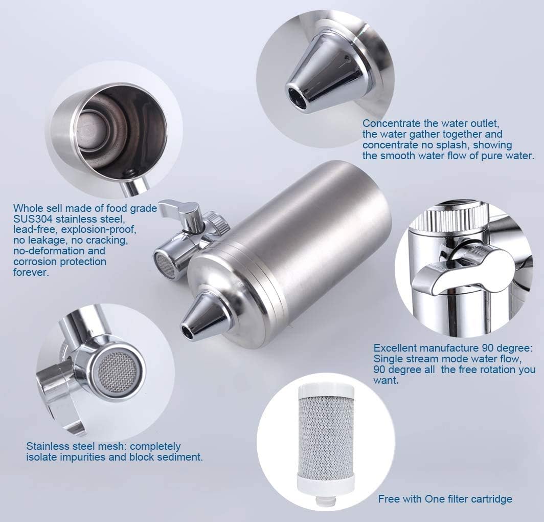 ESOW Faucet Mount Water Filter, SUS304 Stainless Steel Reduce Chlorine, Lead, BPA Free, Water Purifier with Carbon Filtration Technology, Fits Standard Faucets (1 Filter Cartridges Included): Industrial & Scientific