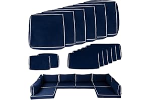 Odsiikly 14 Piece Outdoor Patio Cushion Covers Replacement, 27 x 27 x 4in, Fit 6 Seater Wicker Rattan Patio Furniture Conversation Set, Outdoor Cushion Slipcover with Zipper, Navy Blue+White Piping