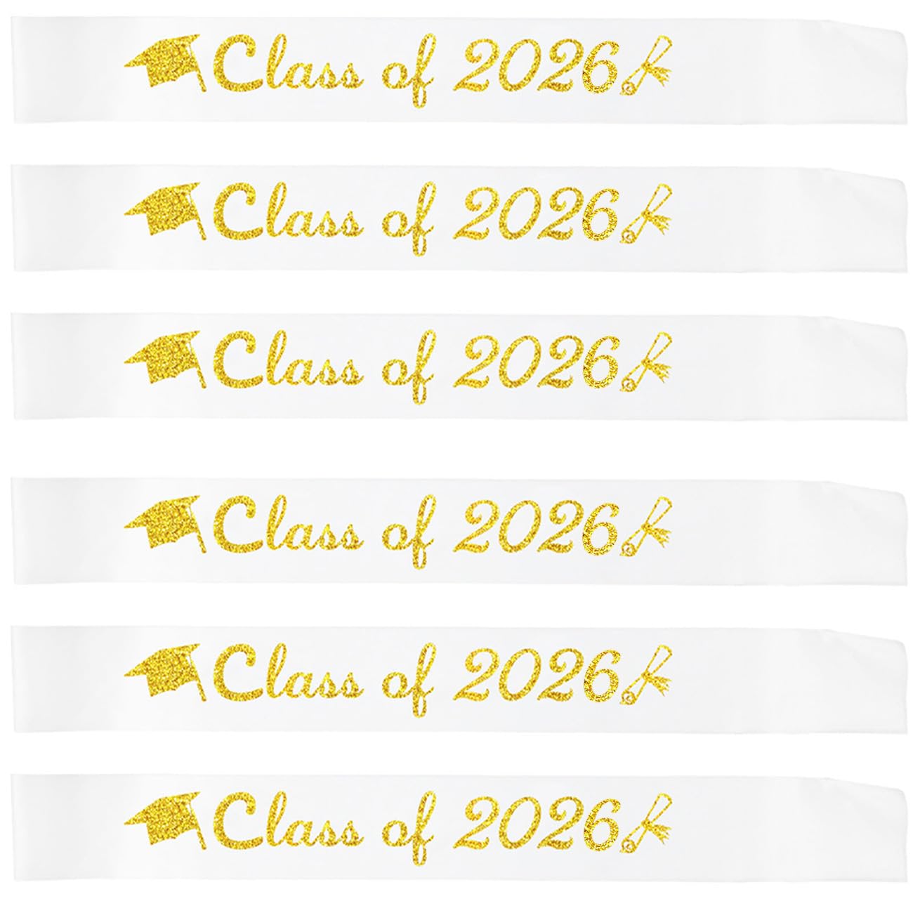 Topfunyy 6 Pcs White Graduation Sash Gold Glitter Class of 2026 Graduated Stain Sah for 2026 Graduation Party Supplies
