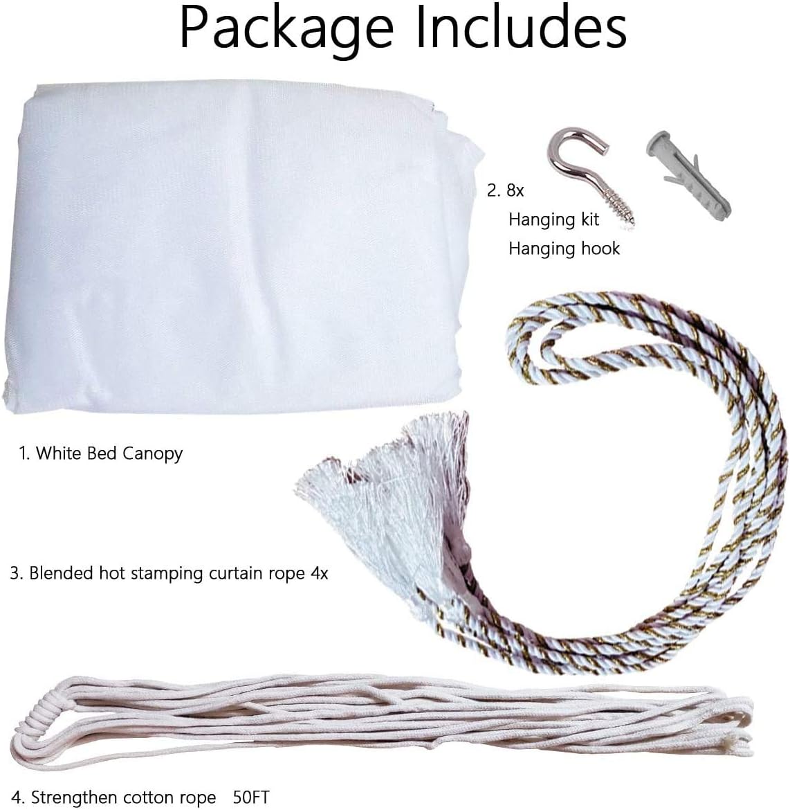 Mosquito NET for Bed Canopy, Four Corner Post Curtains Bed Canopy Elegant Mosquito Net Set, Stick Hook &Profession Rope for net, Screen Netting Canopy Curtains, Full/Queen/King/White: Home & Kitchen