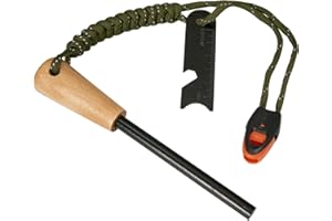NOOPEL Fire Starter Survival Tool, 5/16" Ferro Rod with Paracord Lanyard, Multi-Tool Striker and Wooden Handle, Flint and Steel Fire Starter Kit for Your Hiking, Backpacking and Camping Essentials