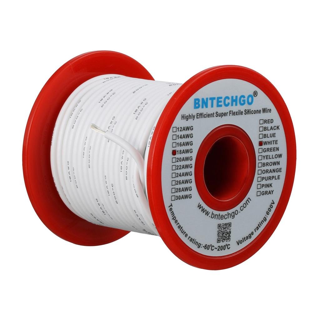 BNTECHGO 18 Gauge Silicone Wire Spool White 100 ft Ultra Flexible High Temp 200 deg C 600V 18 AWG Silicone Rubber Wire 150 Strands of Tinned Copper Wire Stranded Wire for Model Low Impedance