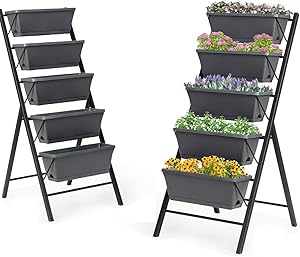 Giantex Set of 2 Vertical Raised Garden Bed, Elevated Planter Raised Beds with Water Drainage, Freestanding 5 Container Boxes for Vegetables and Flowers Growing, Outdoor Indoor Patio Balcony