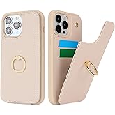 Lipvina for iPhone 12 Pro Max / 13 Pro Max Case with Card Holder,Credit Card Holder,Ring Stand Kickstand,Flip Shockproof Phone Wallet Case for Women Men (6.7 inch,Beige)