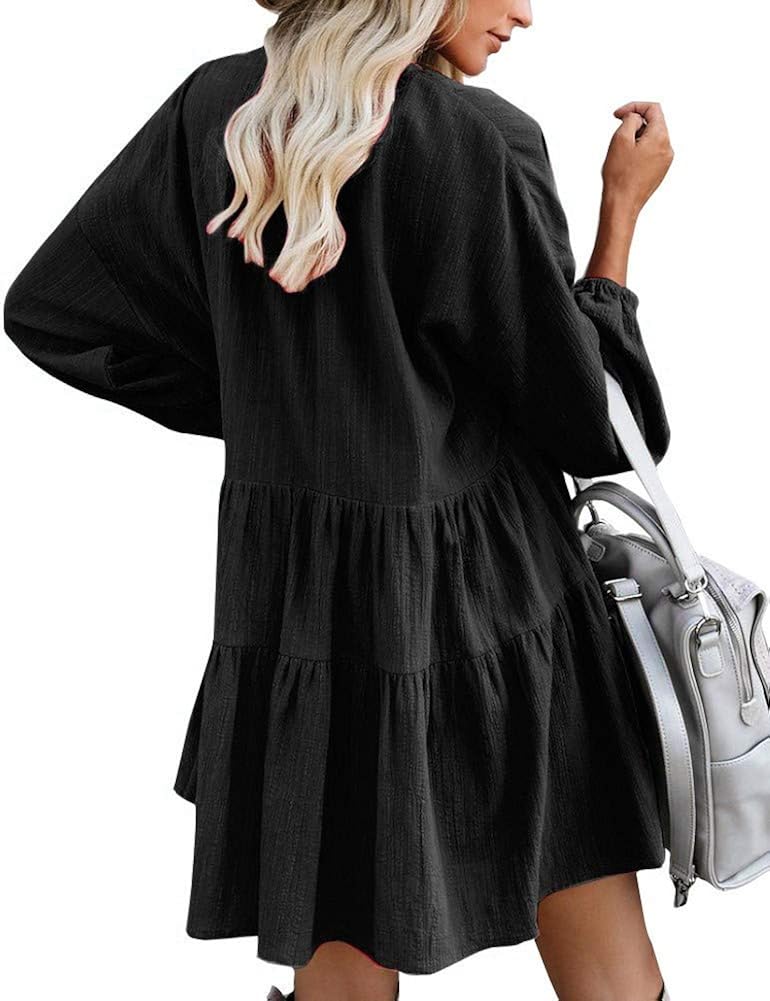 FANCYINN Women’s Cute Shift Dress with Pockets Fully Lined Bell Sleeve Ruffle Hem V Neck Loose Swing Tunic Mini Dress at  Women’s Clothing store