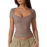 QINSEN Womens Sweetheart Neck Short Sleeve T Shirts Slim Fit Basic Tee Trendy Crop Top