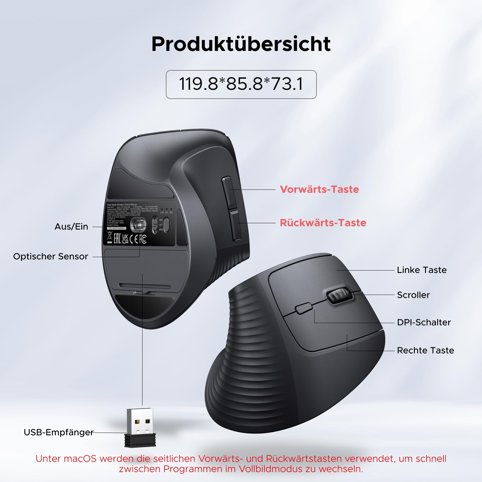 UGREEN 2.4G & Bluetooth Maus Kabellos Vertikale Ergonomische Maus für Windows/Mac OS uzw, 1000/1600/2000/4000 DPI, 6 Tasten (2.4G+BT 5.4) 7
