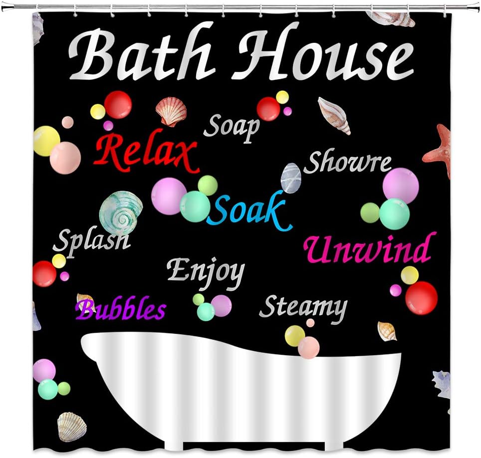 Bathroom Rules Shower Curtain Farmhouse Bath House Bubble Starfish Decor Black Cartoon Kids Bathroom Polyester Cloth Fabric Curtains for Bathroom with Hooks