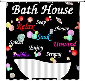Bathroom Rules Shower Curtain Farmhouse Bath House Bubble Starfish Decor Black Cartoon Kids Bathroom Polyester Cloth Fabric Curtains for Bathroom with Hooks