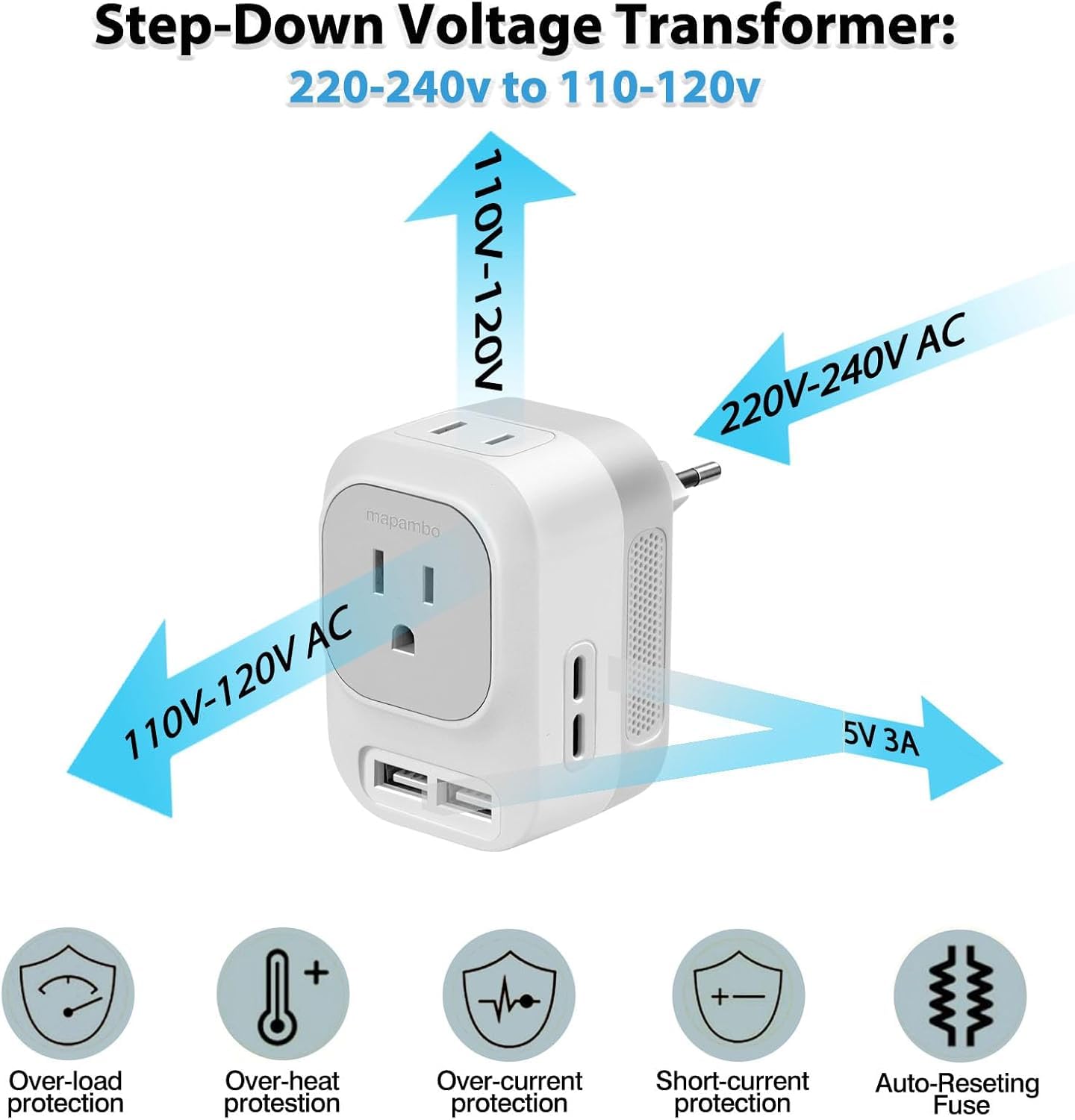 220V to 110V Voltage Converter with 2 USB Port 2 USB C International Power Adapter European Universal Travel Plug Adapter for US to Most of Europe, France, Germany, Italy Spain Etc (Grey)