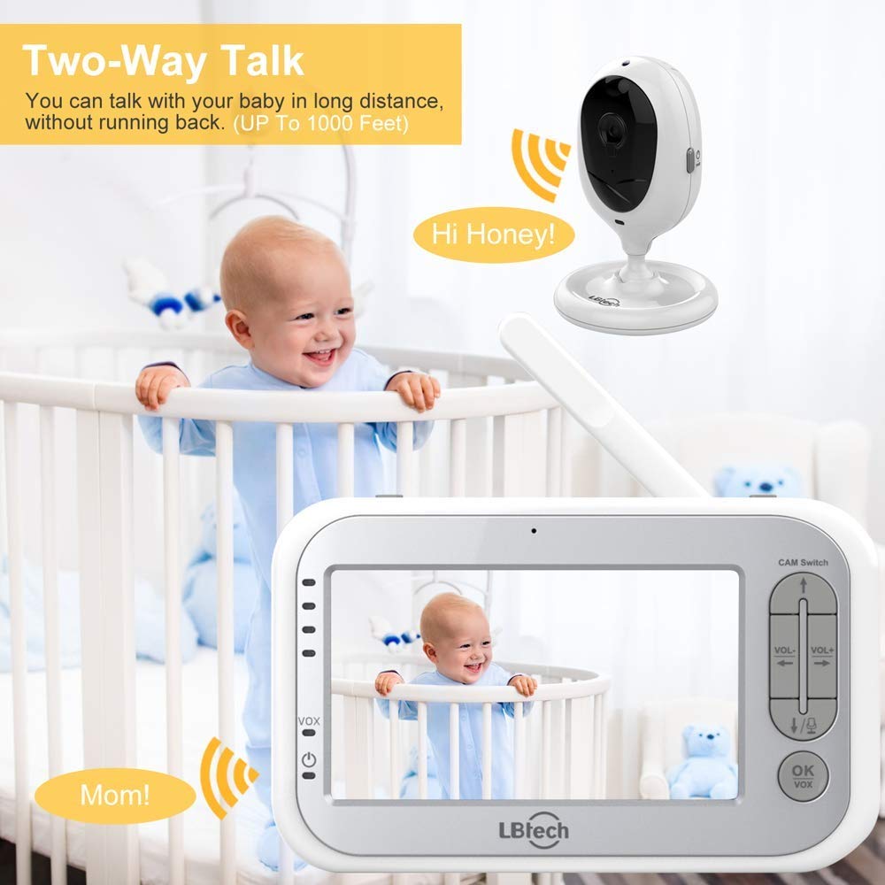 LBtech Video Baby Monitor with Two Cameras and 4.3" LCD, Auto Night Vision, Two-Way Talkback, Temperature Detection, Power Saving/Vox, Zoom in, Support Multi Camera : Baby