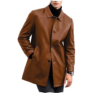 ONAXTDA Men's Leather Overcoat Long Jacket Button Up Spring Fall Trench Coat Casual Formal Soft PU Car Coats