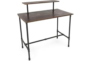 Displays2go, Pipe Display Table with Removable Shelf, Metal and Pine Wood Construction – Natural Top, Black Hardware Legs (PPLNNSTLGB)