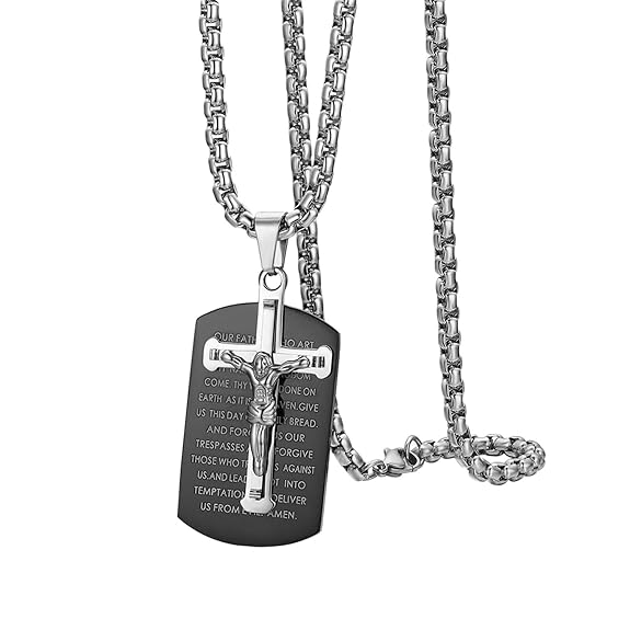 Cupimatch Kreuz Kette Herren Edelstahl Halskette für Männer Bibel Jesus Kruzifix Jungen Hals Schmuck mit Anhänger 56cm, Schwa