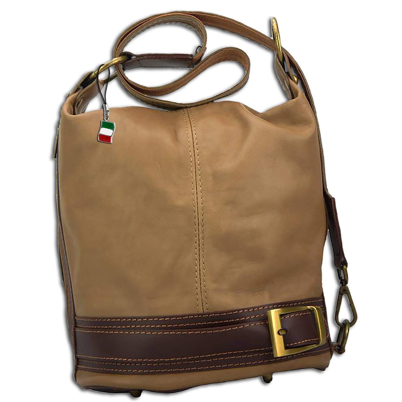 Florence OTF104C Women's Shoulder Bag Rucksack Taupe Genuine Leather 25 x 17 x 23 cm