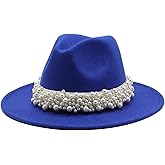 Qkrlamx Black Fedora Hats for Women Wool Panama Hat with Pearl Band Wide Brim Felt Hat Classic Trilby Hat