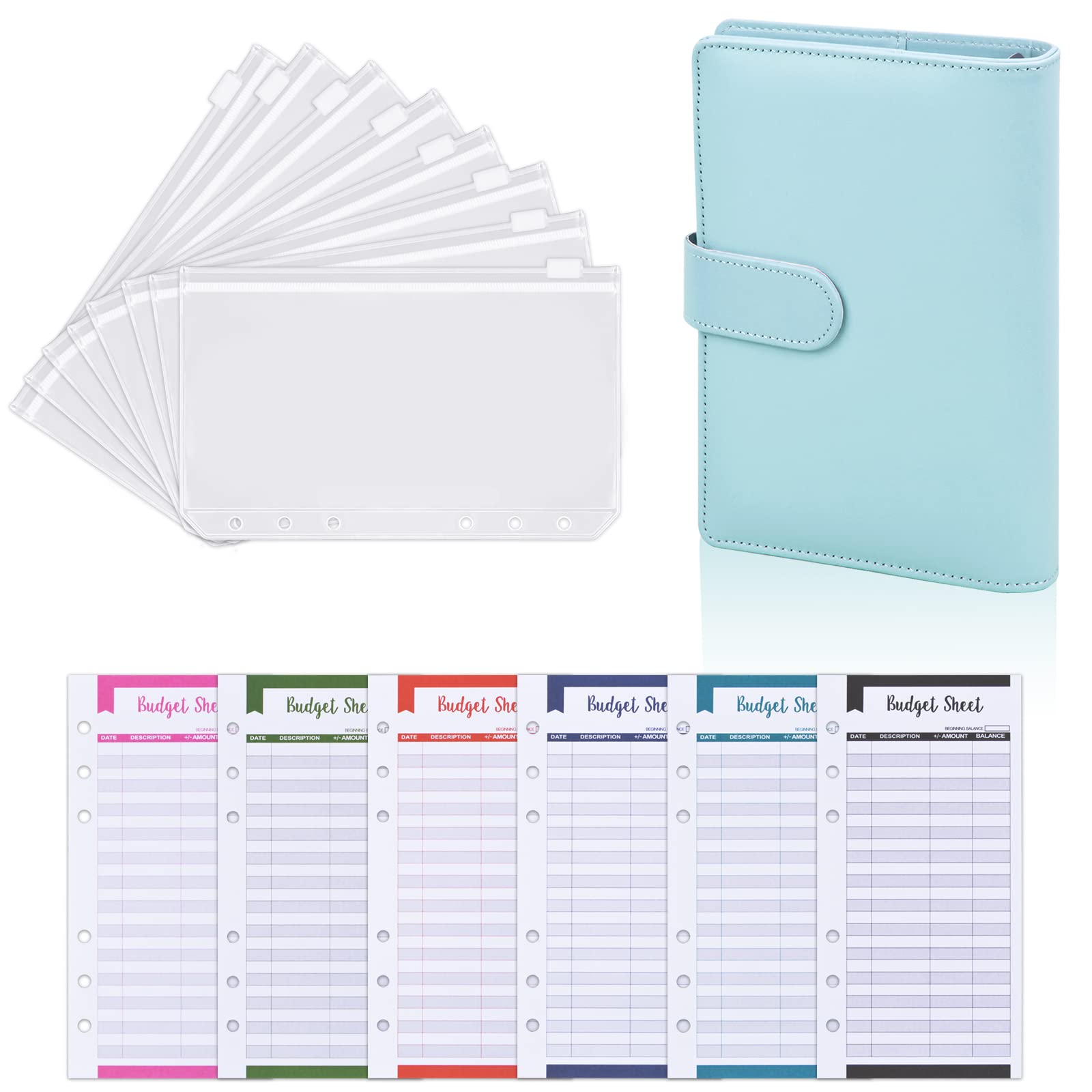 Budget Binder A6 PU Leather Ring Binder Budget Planner Organiser Notebook Set Money Saving Wallet Budgeting Wallet with Clear Cash Envelopes and Budget Sheets Money Binder for Cash Saving (Blue)