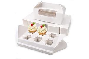 White Cupcake Boxes 6, Eusoar 50pcs 9.3" x 5.9" x 3.5" Cupcake Carrier with Handle Insert Display Window, Party Favor Bakery 