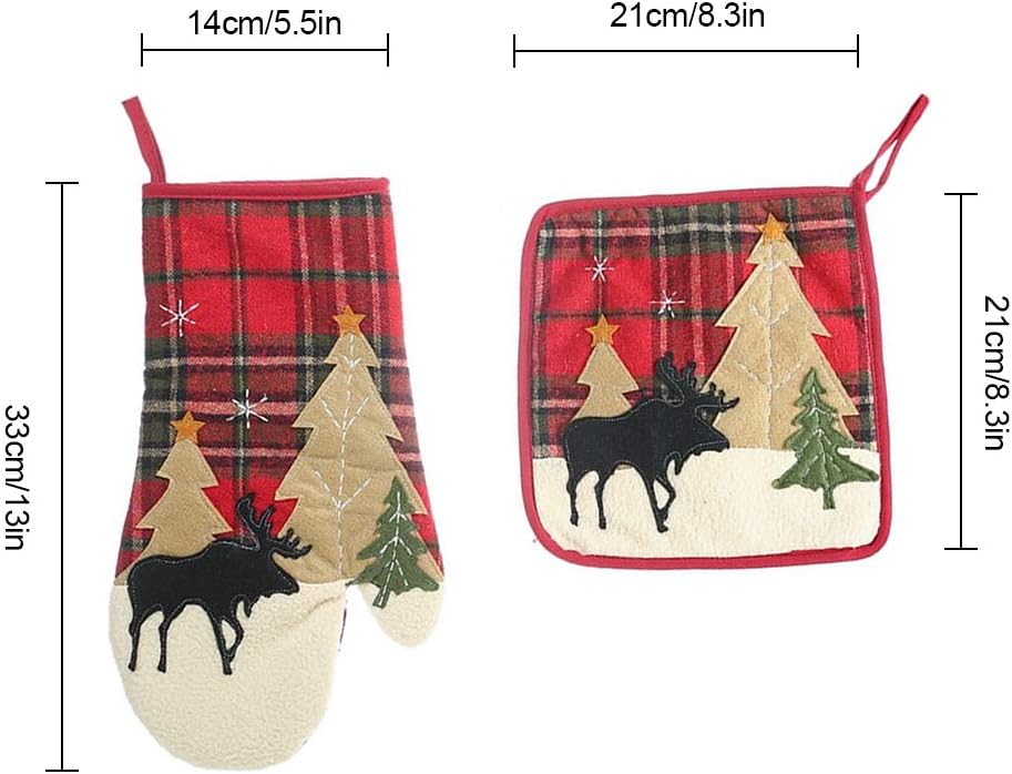 2pcs Christmas Potholders Cloth Pocket Oven Mitts Set Cotton Potholders Hot Pad Square Heat Resistant Oven Gloves Kitchen Cooking Potholders for BBQ Grilling Baking Red - Image 3
