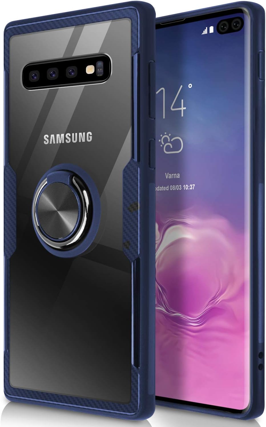 WATACHE Galaxy S10 Plus Case, Clear Crystal Carbon Fiber Design Armor Protective Case with 360 Degree Rotating Finger Ring Grip Holde Stand [Magnetic Car Mount Feature] for Galaxy S10 Plus,Blue