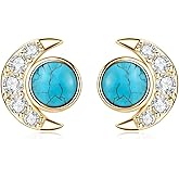 YUNKAI Turquoise/Moonstone Earrings Sterling Silver Hypoallergenic, Dainty Sun & Moon Stud Earring for Women, Vintage Crescent Moon December Birthstone Jewelry Gift for Her Birthday