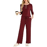 VUTRU Women 2 Piece Pant Set Matching Sweater Lounge Outfits Fall Pajamas 3/4 Sleeve Comfy Travel Airport Casual Clothes