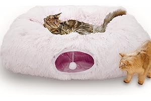 XxingSheep Extra Large Cat Tunnel Bed for Indoor Cats Peekaboo Cat Cave Donut with Center Mat,Pinkish White