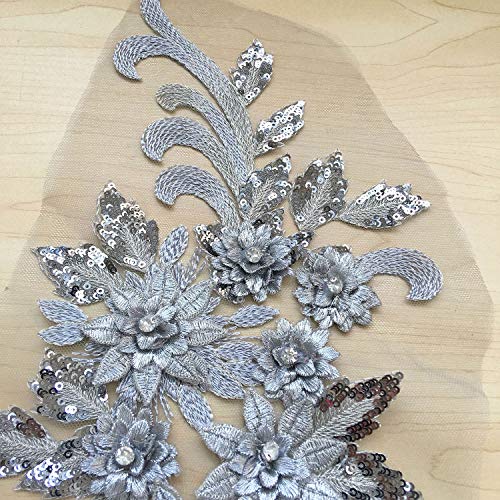 Exquisite Silver Crystal Flower Applique Embroideried Sequins Details Floral Motif Sew onto Lyrical Dance Dress Prom Dress Evening Gown