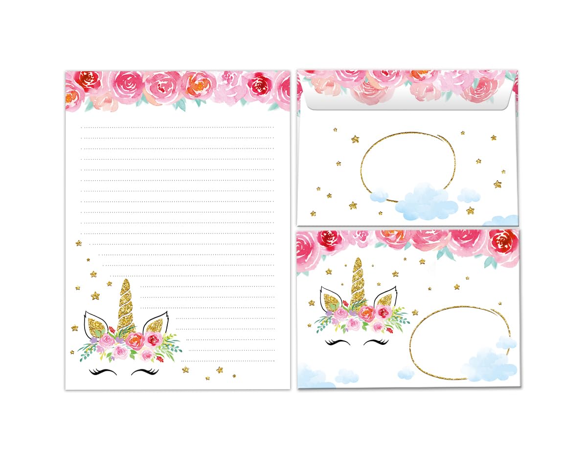 Minkocards Writing Paper Set Letter Pad with Envelope for Girls Children Unicorn Animals Children's Motif Letter Paper Pad Lined (A5 Pad with 25 Sheets + 15 Envelopes)