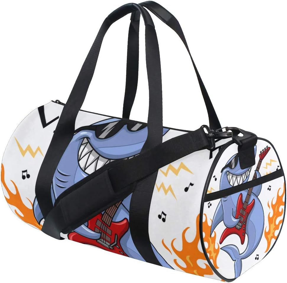 ADONINELP Travel Duffel Bag,Lightweight Durable Designed Gym Sports Bag Fashion Print Weekender Bag Large,Cool Shark Electric Guitar Fire Flames
