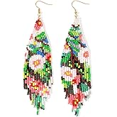 EQUBIO Bohemian Beaded Long Tassel Dangle Earrings for Women, Handmade Jewelry White Tarnish Resistant Lightweight Design, Stylish Accessory for Beach Vacation Party and Gift