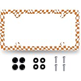 Orange White Checkerboard License Plate Frame Colorful Checkered Mosaic Elements License Plate Personalise Stainless Steel Auto Parts Funny License Plate Decoration Screws 12.3"x 6.3"