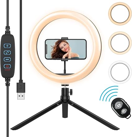 Amazon Co Jp 最新版 8inch cm 自撮りリングライト 撮影照明用ライト 卓上ライト Usbライト 高輝度led ミニ三脚スタンド スマホホルダー リモコン付き 10段階調光 美容化粧 ライブストリーミング メイクアップ Youtubeビデオ 写真撮影用 ミニledカメラリングライト
