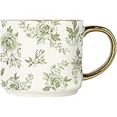 Sweet Water Decor Green Delft Coffee Mug, Vintage Green Floral Design with Gold Handle & Rim, 14oz Fine Bone China Tea Cup, Cute Gifts for Mother's Day, Baby Shower, Christmas & Mom's Birthday