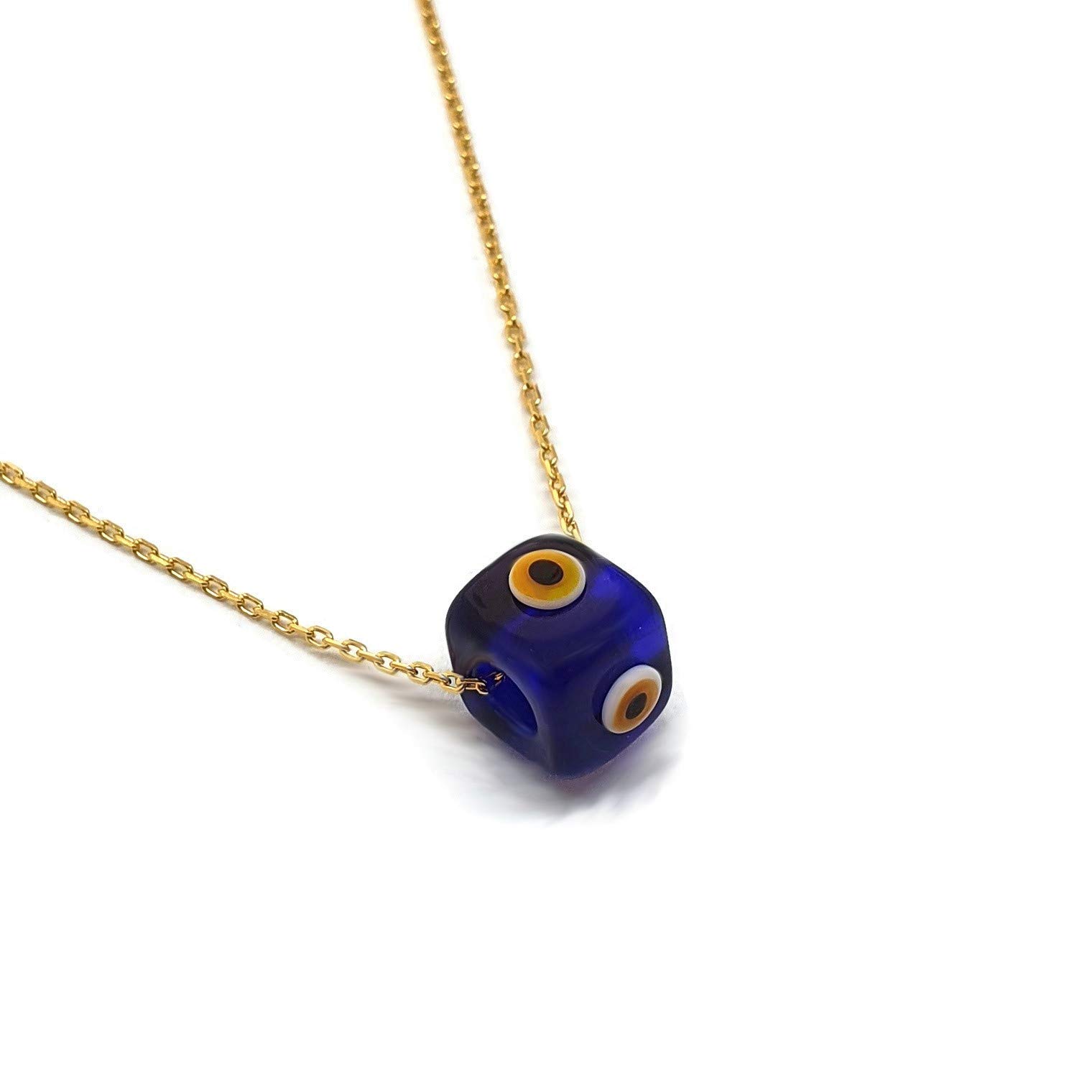 MYSTIC JEWELS by Dalia – Blue Crystal Cube Eye Necklace for Good Luck – 925 Sterling Silver Chain with Gold Plated