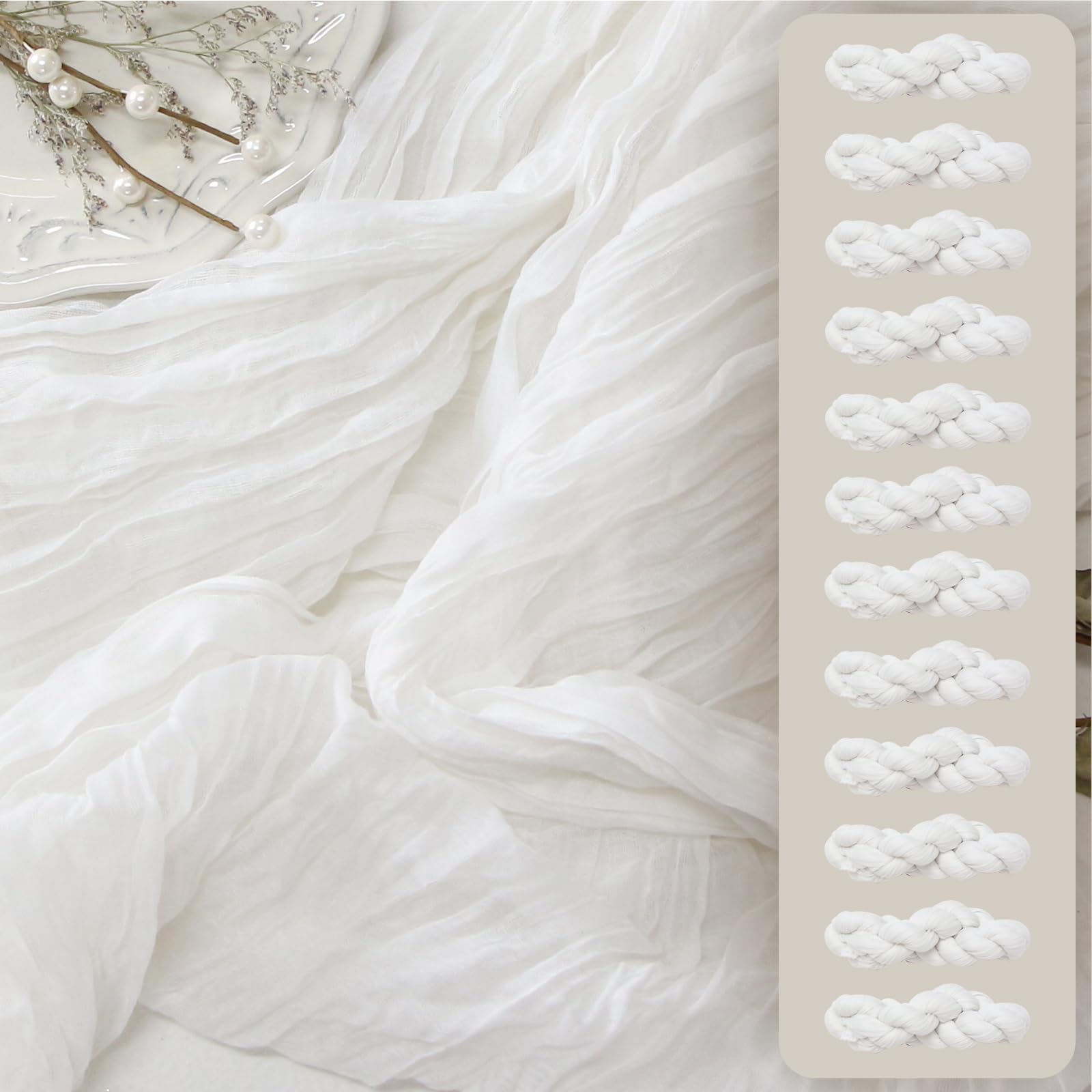 FEXIA 12 Pack Ivory White Table Runner 35x120 Inches for Baby Shower Decoration Gauze Rustic Table Runner for Wedding Party First Communion Centerpiece Engagement Bridal Shower Boho Decoration Image