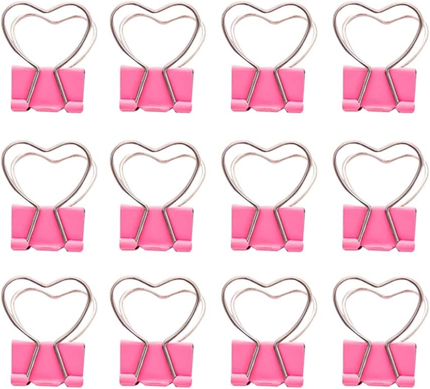 STOBOK Binder Clips Metal Clips with Heart Shaped Handle for Office School,12pcs(Pink)