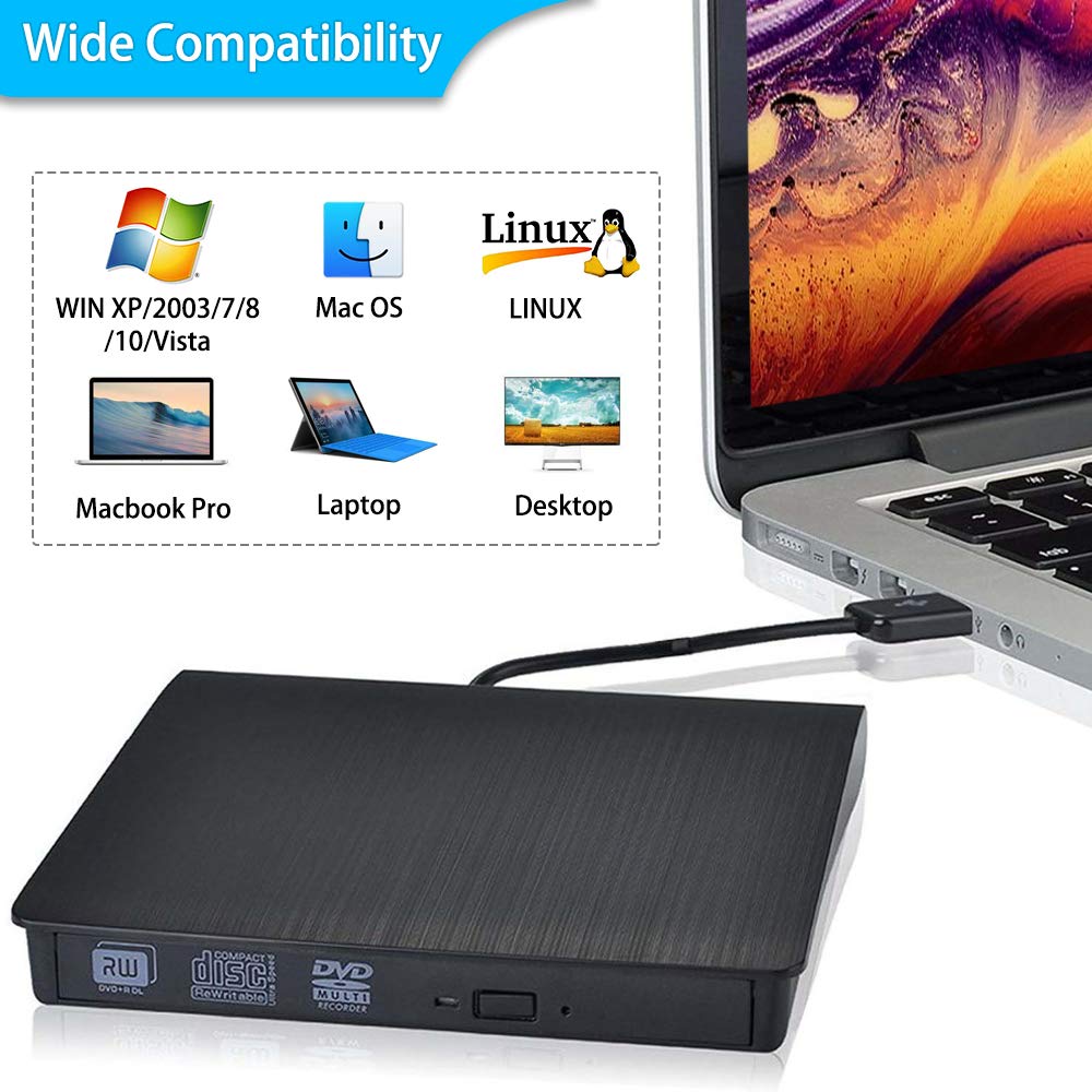 Externes CD- & DVD-Laufwerk Portable USB 3.0 DVD/CD Laufwerk für alle Laptops und Desktops Kompatibel für MacbookAir Windows XP/2003/Vista/7/8/10, Mac OS - Schwarz