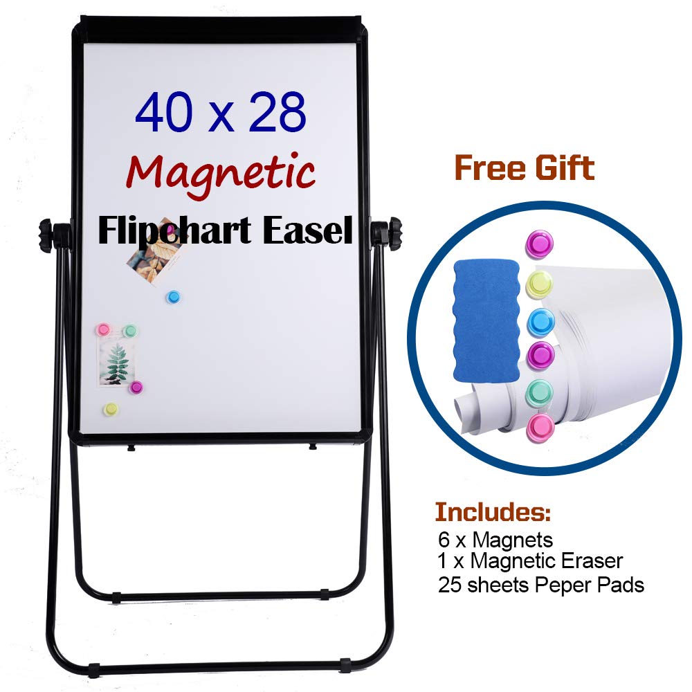 U-Stand Whiteboard - 40x28 inches Double Sided Magnetic Dry Erase Board, Portable Whiteboard/Flipchart Easel, Height Adjustable & 360 Degree Rotating w/ 1 Eraser, 6 Magnets and Paper Pads