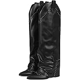 EQAUDES Women's Shark Studded Fold Over Knee High Boots Tall Pull-on Snip Toe Cowboy Cowgirl Slouch Boot Dress